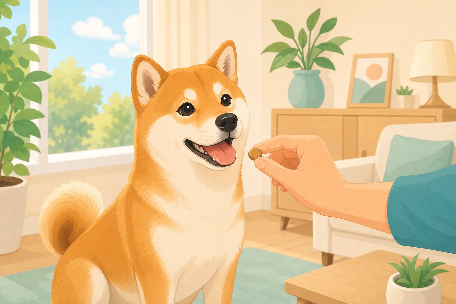 イラスト:おやつタイプ(チュアブル)の予防薬を与える様子