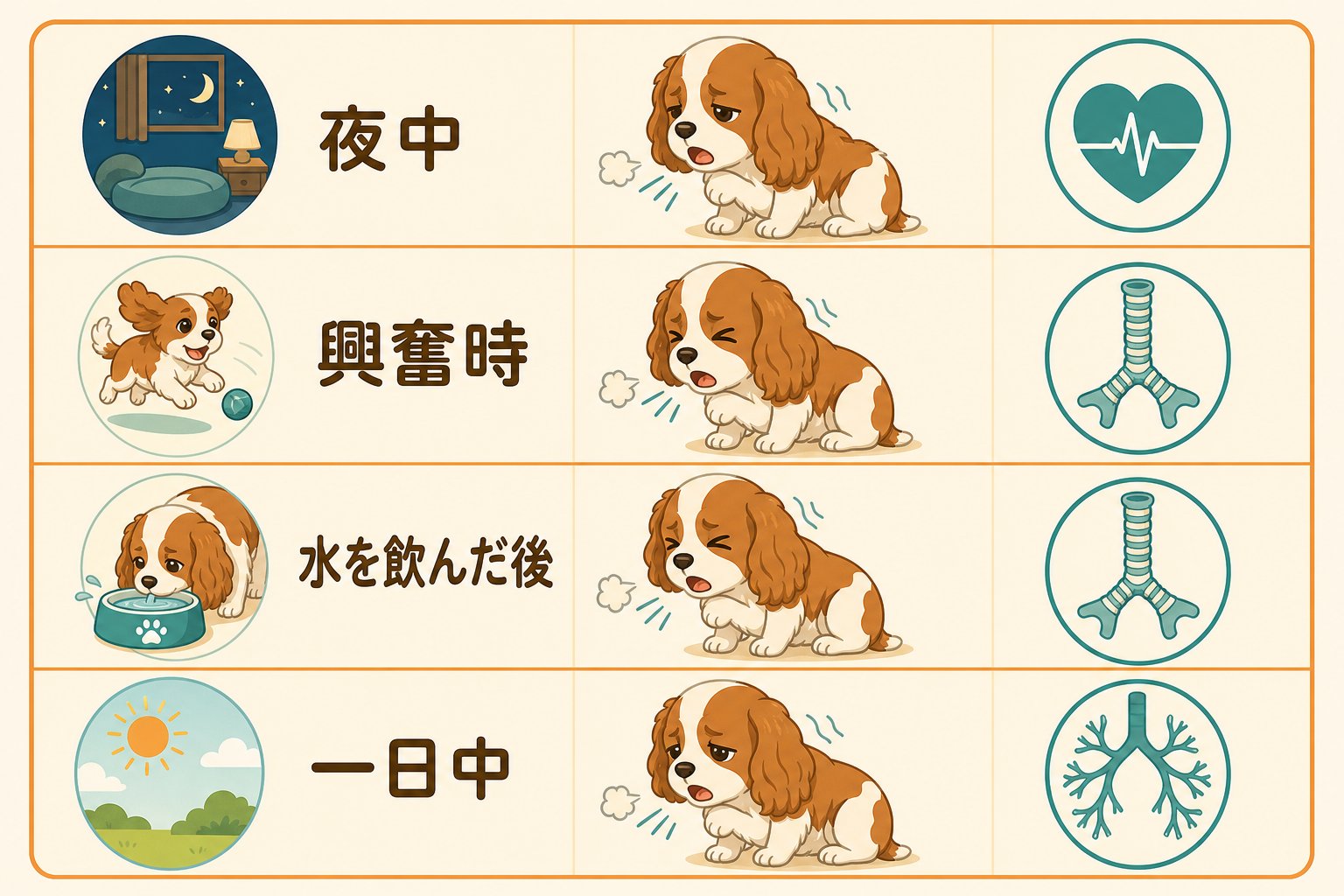 イラスト:イラスト:咳のタイミングと原因候補の対応表