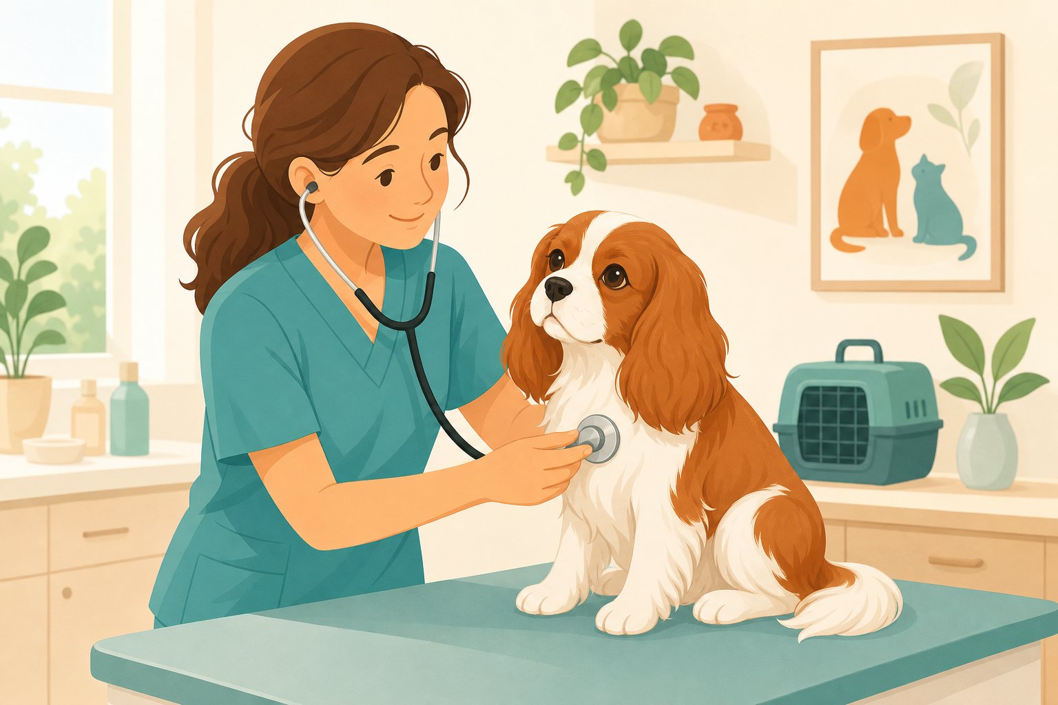 イラスト:イラスト:診察室で聴診を受ける犬のイメージ