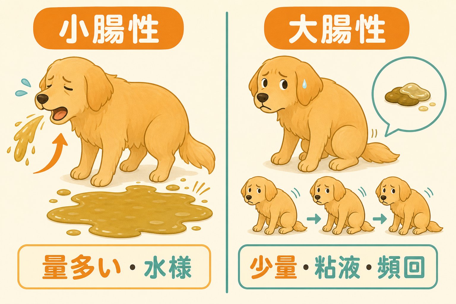 イラスト:小腸性・大腸性下痢の主な違い