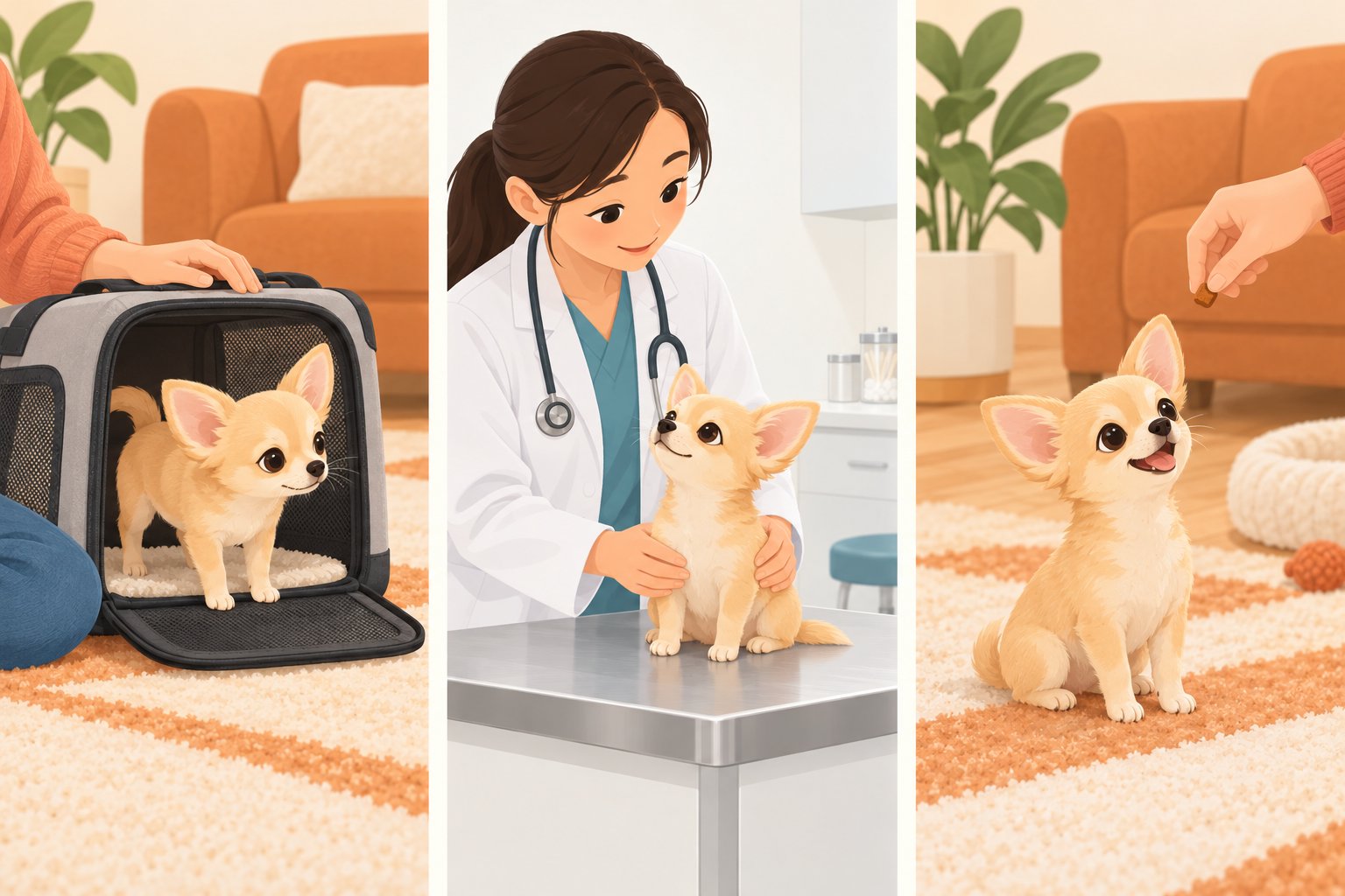イラスト：キャリー慣らし・診察・ご褒美の3ステップ