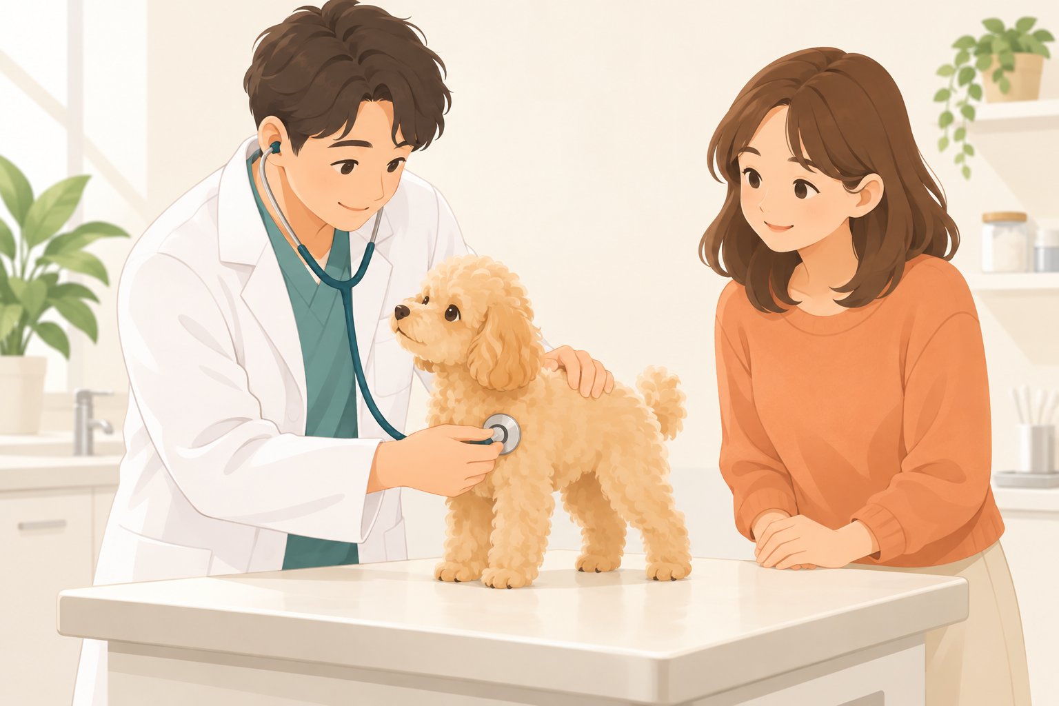 イラスト：初診時の身体検査（聴診・触診）のイメージ