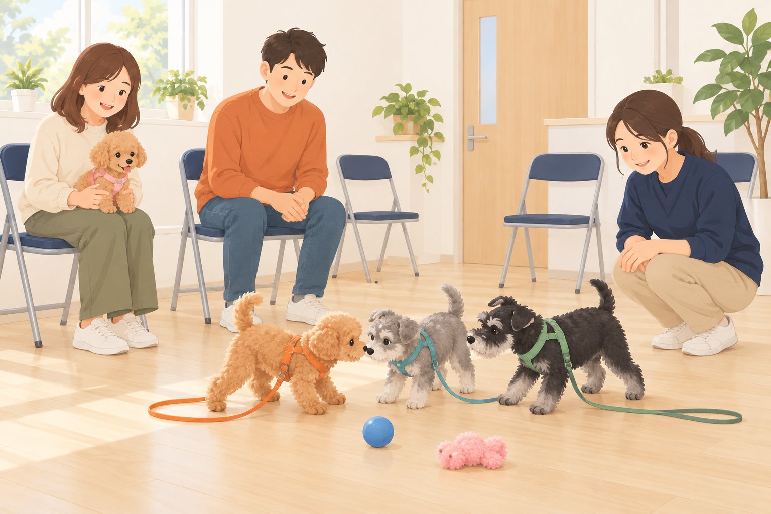イラスト：子犬たちが交流するパピーパーティーのイメージ