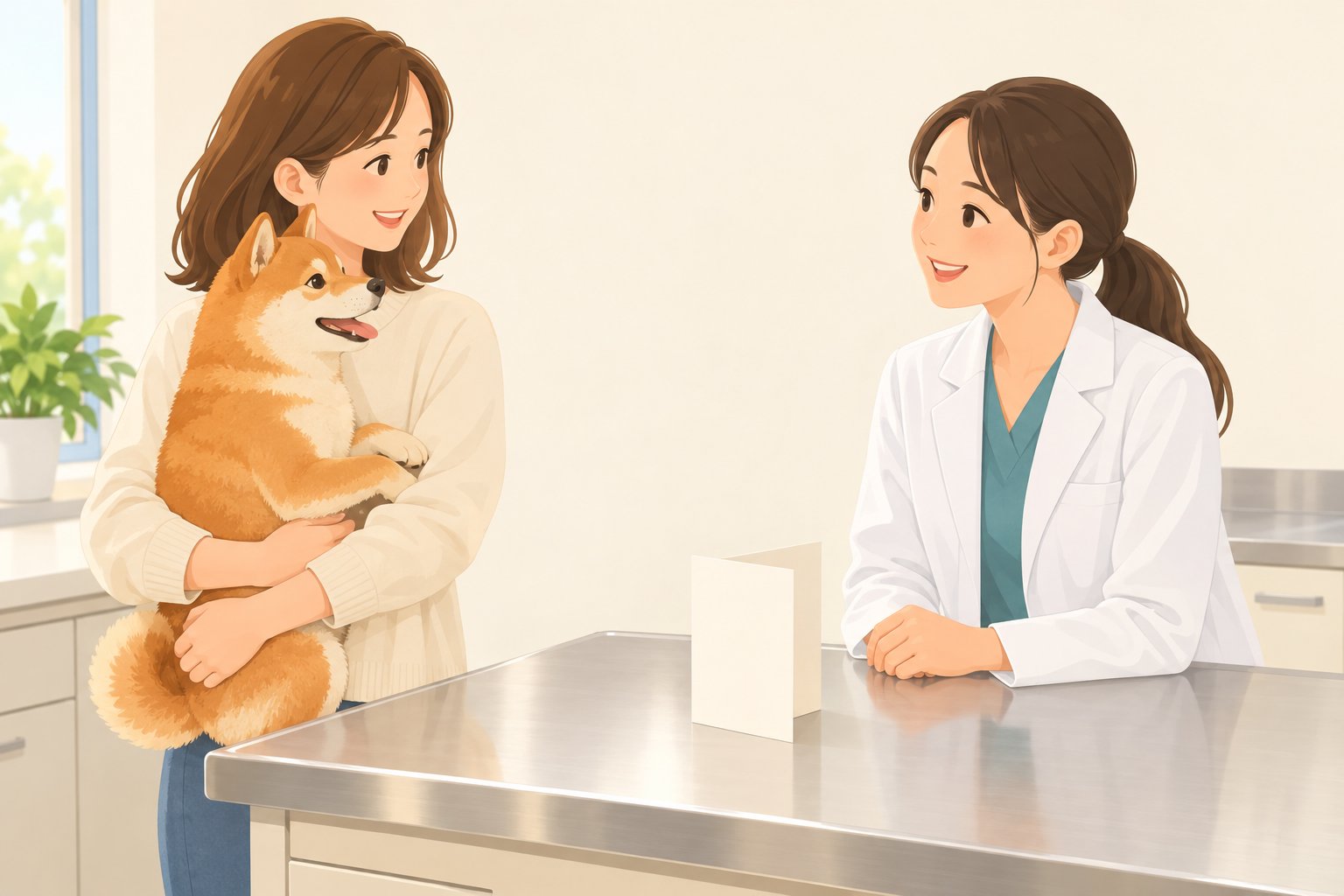イラスト：かかりつけ獣医師に生活環境を伝えながらワクチンの種類を相談するイメージ