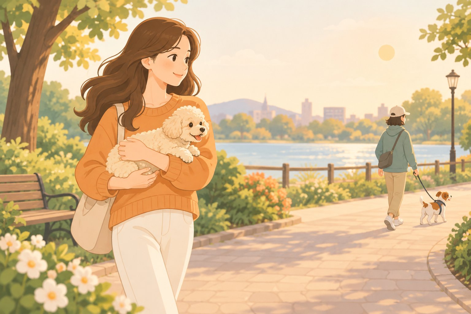 イラスト:抱っこ散歩で、外の音や景色・人に少しずつ慣らしていくイメージ