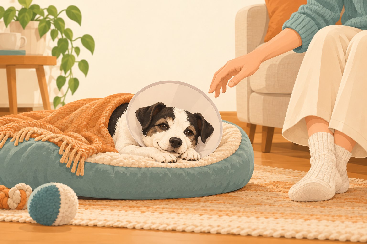 イラスト：術後、エリザベスカラーをつけた愛犬を自宅で静かに見守る様子